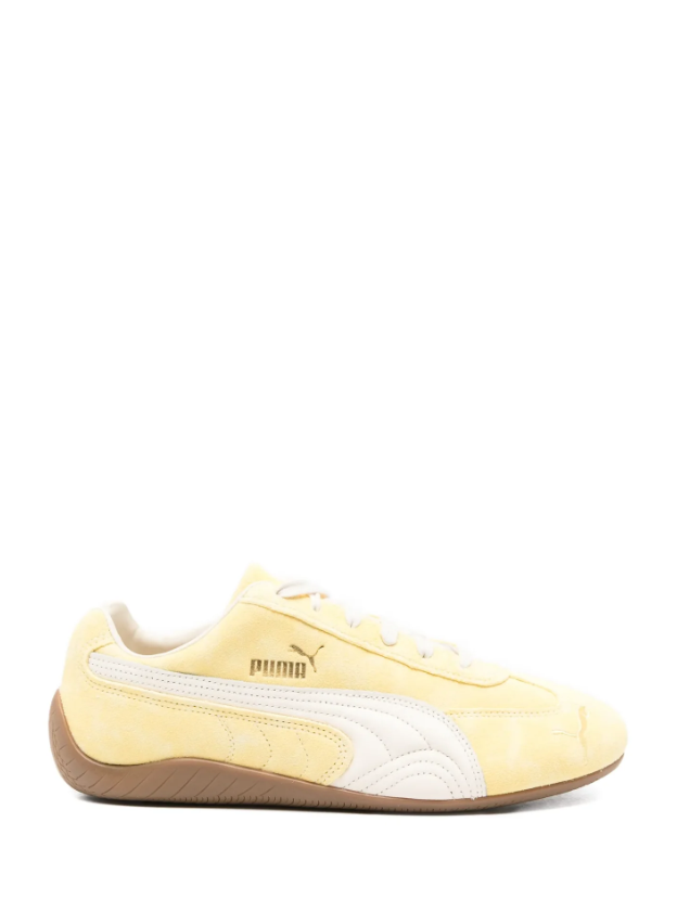 Pale Yellow & White Slim Low-Top Sneakers with Brown Sole