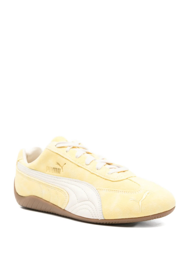 Pale Yellow & White Slim Low-Top Sneakers with Brown Sole