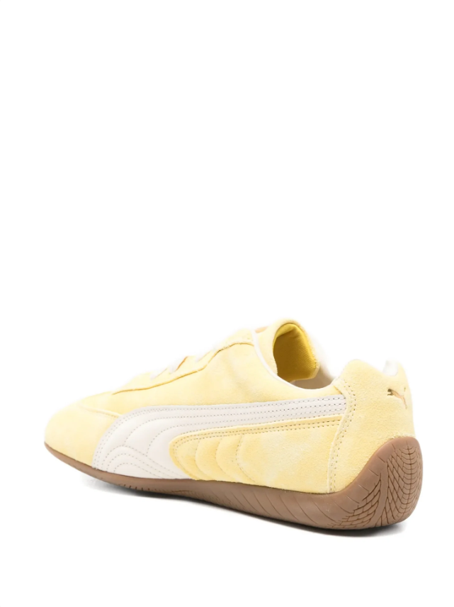Pale Yellow & White Slim Low-Top Sneakers with Brown Sole
