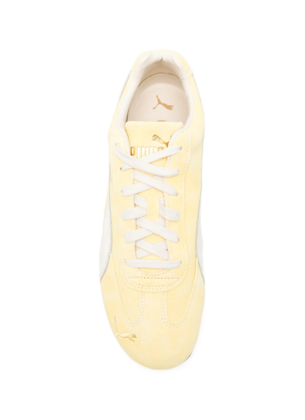 Pale Yellow & White Slim Low-Top Sneakers with Brown Sole