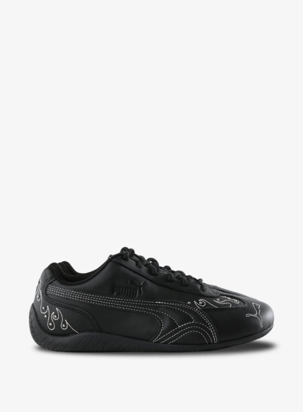 Black Slim Low-Top Sneakers with White Contrast Stitching & Swirl Details