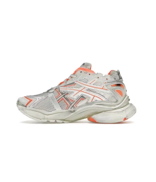 Balenciaga White & Silver-Tone Layered Sneakers with Orange Accents
