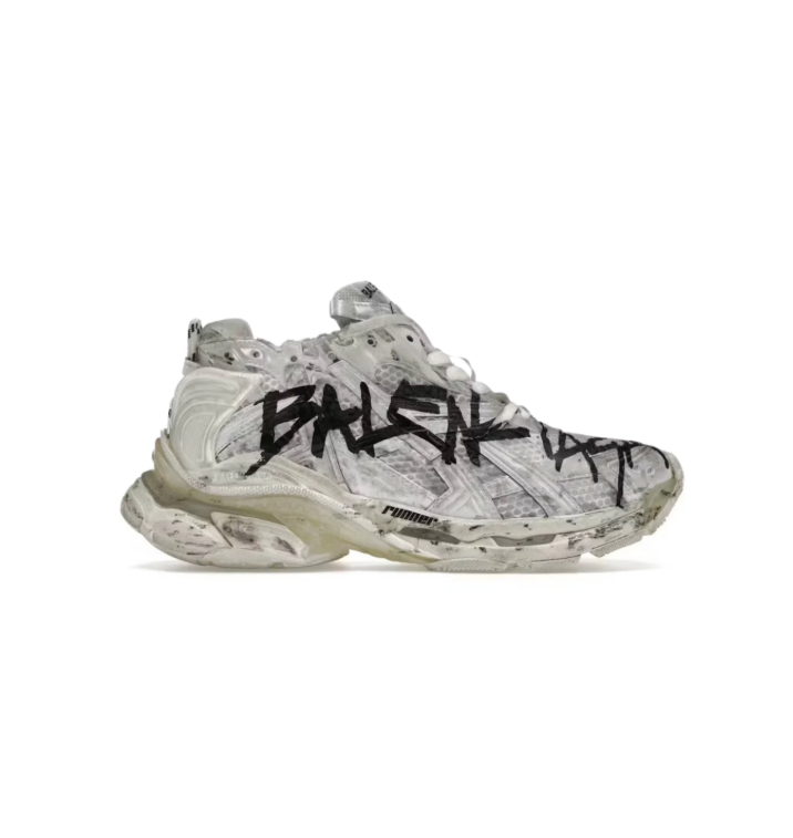 Balenciaga White Graffiti-Style Layered Sneakers with Distressed-Look Sole