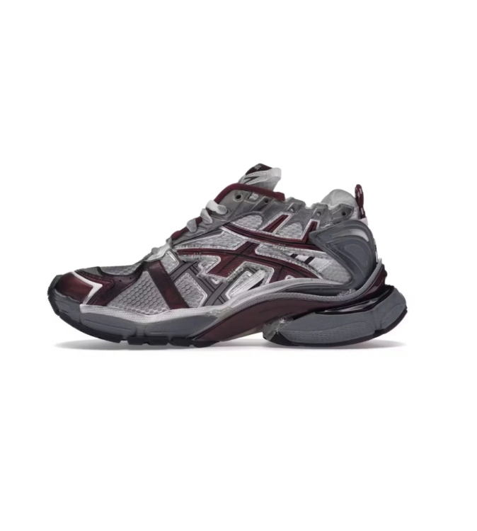 Balenciaga Gray & Burgundy Layered Sneakers with Silver-Tone Accents