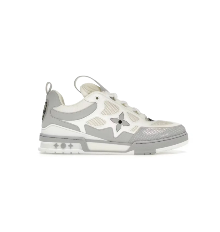 Louis Vuitton White & Light Gray Low-Top Sneakers with Floral Details